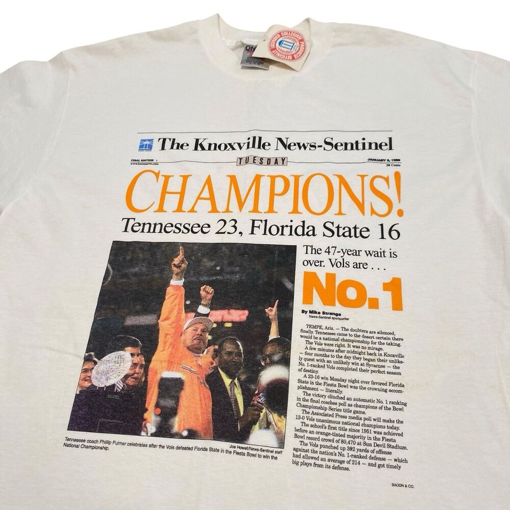 NEW Vintage Tennessee Vols Tee Shirt 1998 National Champions News Paper 90s XL